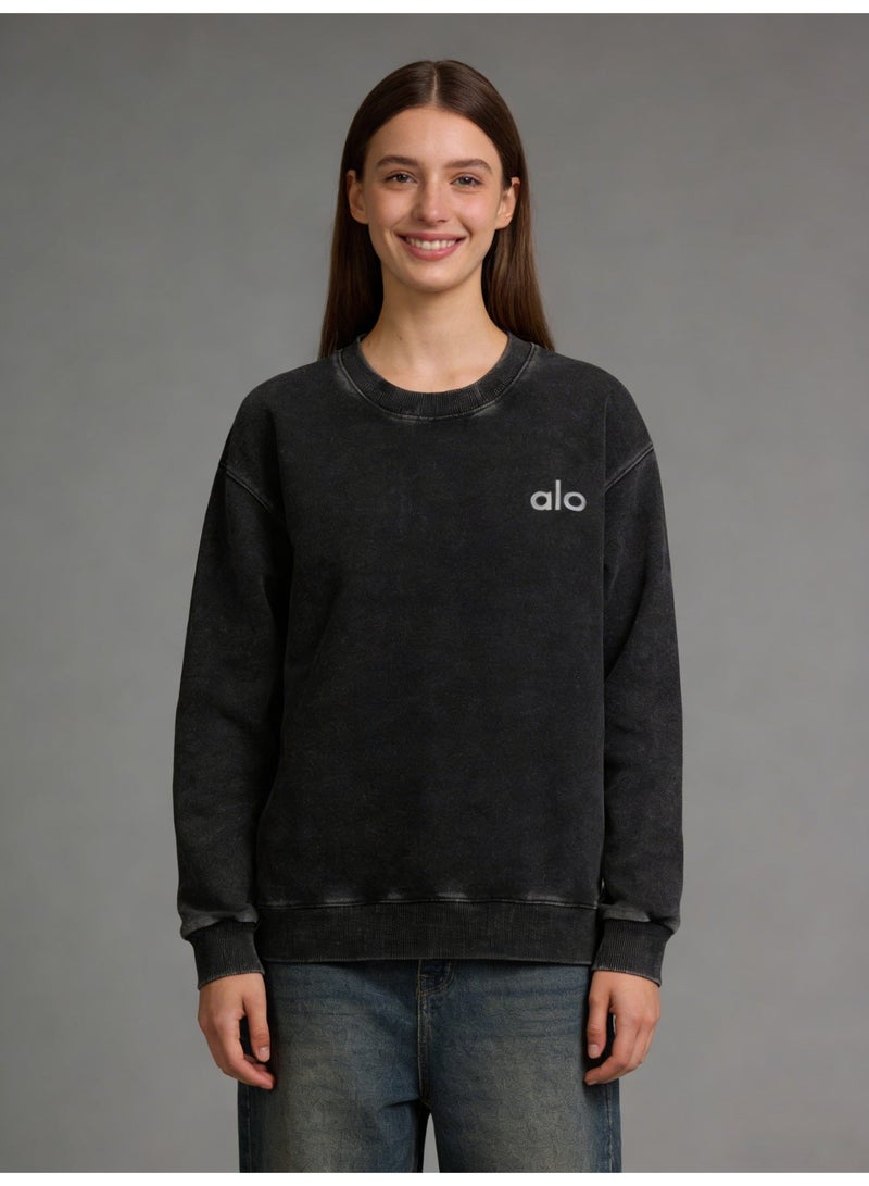 Alo Yoga Alo Washed Black Crewneck Sweatshirt - Unisex Oversized Fit, Soft Breathable Cotton Fabric, Minimalist  Logo, Popular Youth Sport  Casual Top (Saudi) - Image 1